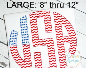 LARGE Natural Circle Flag Stars Stripes Monogram Embroidery Alphabet Font Digital Machine Embroidery, circle monogram font, American flag