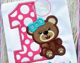 Girl Bear 1 Machine Embroidery Applique Design 4 SIZES, bear applique, teddy bear embroidery, first birthday, birthday bear applique