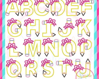 Pencil Bow Alphabet Letters Digital Machine Embroidery Applique Design 5 sizes, pencil applique, pencil letters applique, pencil alphabet