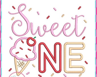 Sweet One Ice Cream Applique Machine Embroidery Design 4 Dimensioni, ricamo 1 ° compleanno, applique gelato, applique di primo compleanno