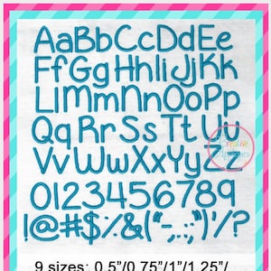 May include: A blue embroidered font set with uppercase letters, numbers, and symbols. The font is available in nine sizes: 0.5 inches, 0.75 inches, 1 inch, 1.25 inches, 1.5 inches, 1.75 inches, 2 inches, 2.25 inches, and 2.5 inches.