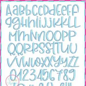 May include: A light blue, cursive font alphabet and numbers, including uppercase and lowercase letters, and symbols. The font is displayed on a white background with a pink and teal border. The logo for Creative Appliques is in the lower left corner.