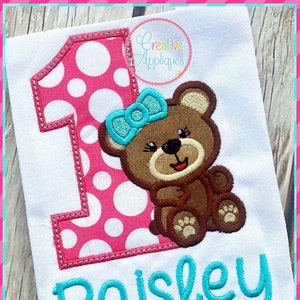 Girl Bear 1 Machine Embroidery Applique Design 4 SIZES, bear applique, teddy bear embroidery, first birthday, birthday bear applique