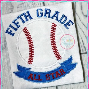 Fifth Grade All Star Applique Machine Embroidery Design 4 sizes, 5th fifth grade applique, school applique, baseball applique, zigzag stitch
