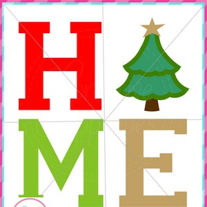 Peut inclure: Un design de fichier découpé rouge, vert et marron du mot "HOME" avec un sapin de Noël au centre. Le design comprend les mots "SVG", "EPS" et "DXF" en bas.