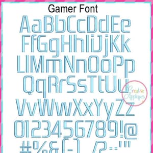 May include: A complete light blue Gamer Font alphabet, numbers, and symbols are displayed. The text "Gamer Font" is at the top. The font is available in six sizes: 0.3", 0.5", 0.75", 1", 1.25", and 1.5". The Creative Appliques logo is in the bottom right corner.