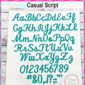 May include: A turquoise blue font set with uppercase letters, numbers, and punctuation marks. The font is a casual script style. The font is available in seven sizes: 0.5 inches, 0.75 inches, 1 inch, 1.25 inches, 1.5 inches, 1.75 inches, and 2 inches.