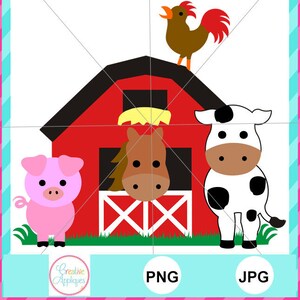 May include: A colorful illustration of a farm scene with a red barn, a brown horse, a pink pig, a black and white cow, and a brown rooster. The image has a white background and a pink and blue border. The image includes the text "PNG" and "JPG".