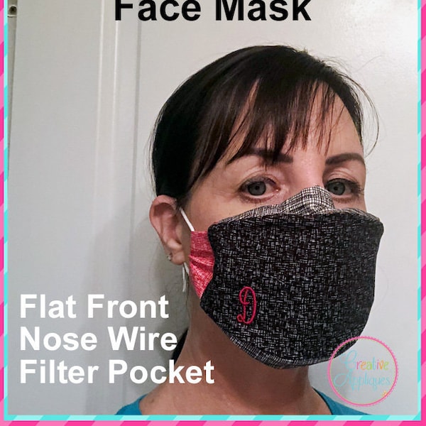 In The Hoop Face Mask Digital Machine Embroidery design, flat front, nose wire, filter pocket, breathing mask, dust mask