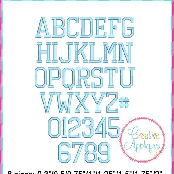 8 Sizes! Varsity Embroidery Alphabet Font Digital Machine Embroidery, A to Z, numbers, athletic embroidery font, collegiate embroidery