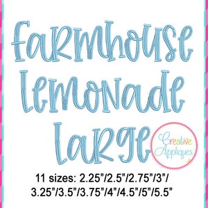 May include: Blue embroidery design for a farmhouse lemonade sign. The design is available in 11 sizes ranging from 2.25 inches to 5.5 inches.