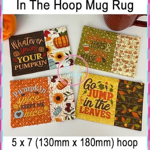 Set of 4 different Fall Mug Rug In the Hoop Machine Embroidery Design, 5x7 hoop, mug rug, quilted cup mat, mug mat, coaster