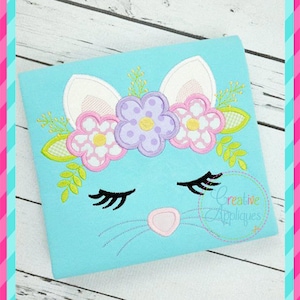 Cat Face Flower Crown Digital Machine Embroidery Applique Design 4 Sizes, cat applique, kitty applique, cat embroidery, cat face applique