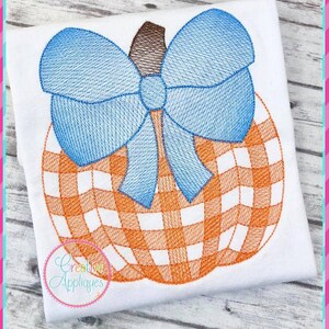 Puede incluir: Diseño bordado de una calabaza con un lazo azul. La calabaza es de cuadros naranja y blanco y el lazo es azul claro.
