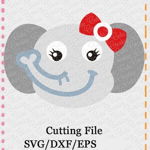 May include: A gray elephant head with a red bow, big eyes, and a smile. The elephant is on a white background with a dotted border.
