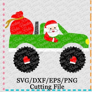 May include: A green monster truck with a red bag of gifts and Santa Claus driving. The truck has black wheels and a yellow light on the side. The text "SVG/DXF/EPS/PNG Cutting File" is below the truck.