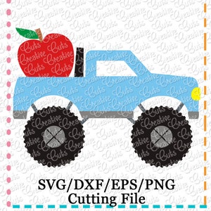 May include: A blue monster truck with large black tires and a red apple on the back. The truck has a white windshield and a yellow headlight. The text "SVG/DXF/EPS/PNG Cutting File" is below the truck.