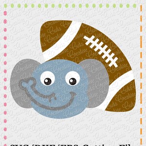 May include: A gray elephant with big eyes wearing a brown and white football helmet. The football helmet has white laces.