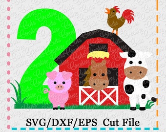 Barn with Animals Birthday 2 svg cutting file, farm animals svg, horse svg, cow svg, pig svg, barn svg, farm svg, 2nd birthday, farm animals