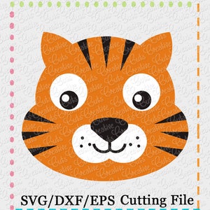 May include: Orange tiger face with black stripes and large, round eyes. The tiger's mouth is slightly open, showing a small, white tongue.