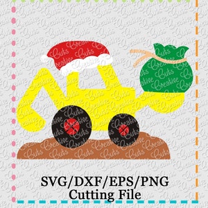 May include: A yellow toy construction vehicle with a red Santa hat and a green gift bag in the bucket. The vehicle is on a brown dirt surface.