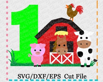 Barn with Animals Birthday 1 svg cutting file, farm animals svg, horse svg, cow svg, pig svg, barn svg, farm svg, 1st birthday