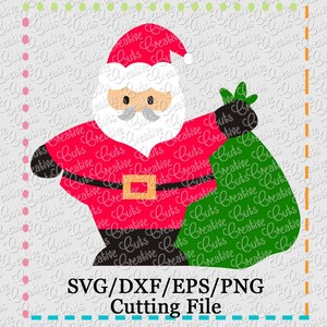 Puede incluir: Un Papá Noel rojo y blanco sosteniendo una bolsa verde con el texto "SVG/DXF/EPS/PNG Cutting File".