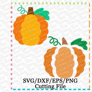 May include: Two orange pumpkin SVG cut files. The pumpkins are stylized with a wavy outline and a stem. The text "SVG/DXF/EPS/PNG Cutting File" is at the bottom of the image.