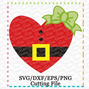 Puede incluir: Un diseño en forma de corazón rojo con un cinturón de Papá Noel y un lazo verde. El diseño incluye el texto "SVG/DXF/EPS/PNG Cutting File". La imagen tiene un borde punteado y es adecuada para proyectos de manualidades.