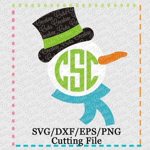 May include: A green, white, and blue snowman with a black top hat. The snowman's face is a circle with the letters CSC inside. The text "SVG/DXF/EPS/PNG Cutting File" is at the bottom of the image.