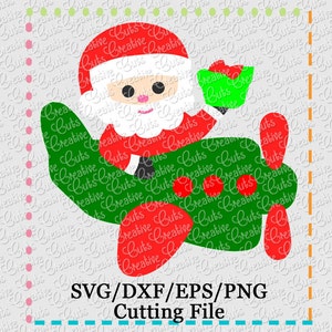 Puede incluir: Un personaje de Papá Noel rojo y blanco volando un avión verde con una caja de regalo roja. El texto "SVG/DXF/EPS/PNG Cutting File" está debajo de la imagen.
