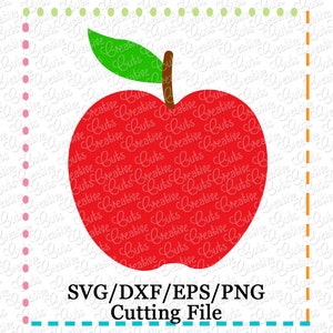 Puede incluir: Manzana roja con una hoja verde, delineada en negro, con el texto "SVG/DXF/EPS/PNG Cutting File" debajo.