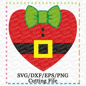 Può includere: Design a forma di cuore rosso con un fiocco verde e una cintura nera con una fibbia gialla. Il design è contornato di nero e ha il testo "Creative Cuts" ripetuto ovunque.