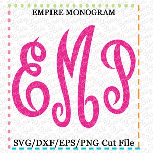 May include: A pink monogram design with the letters "EM" in a cursive font. The letters are stylized and connected. The text "EMPIRE MONOGRAM" is above the letters. The text "SVG/DXF/EPS/PNG Cut File" is below the letters.