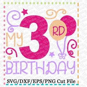 May include: A pink and purple birthday design with the text "My 3rd Birthday" and a pink number 3 with a swirl design. The design also includes two pink balloons with a swirl design and the text "RD" on one of the balloons. The design is surrounded by a dotted border.