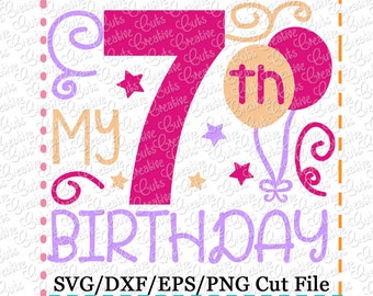 Puede incluir: Un diseño gráfico rosa y morado con el texto "My 7th Birthday" y un número 7 rosa. El diseño incluye estrellas, remolinos y globos.