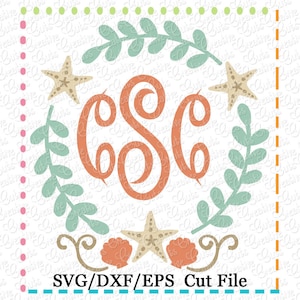 May include: A digital cut file design featuring the letters CSC in a cursive font, surrounded by a wreath of green leaves, starfish, and seashells. The text "SVG/DXF/EPS Cut File" is at the bottom of the design.
