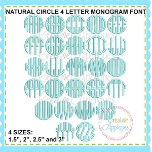 May include: A set of 26 light blue circle monogram letters in four sizes: 1.5 inches, 2 inches, 2.5 inches, and 3 inches. The letters are in a natural circle 4 letter monogram font.