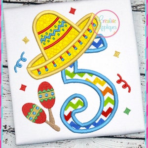5th birthday 5 Sombrero Number Applique Digital Machine Embroidery Design 4 Sizes, Cinco de Mayo applique, sombrero birthday number applique