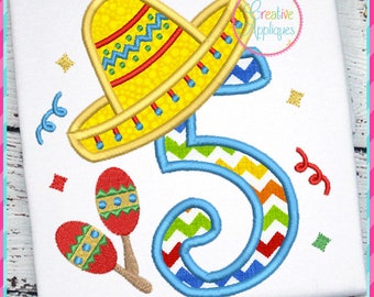 May include: Embroidered design of a blue number five with a yellow sombrero, red and green maracas, and a colorful chevron pattern. The design is perfect for a fiesta themed birthday party.