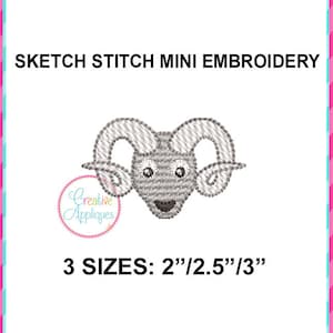 May include: A gray sketch stitch embroidery design of a ram's head with 3 sizes available: 2 inches, 2.5 inches, and 3 inches.
