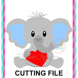 May include: A gray cartoon elephant holding a red heart, with blue ears and a trunk. The image includes the text "CUTTING FILE" in bold black letters. The design is set against a white background with a pink and blue striped border.
