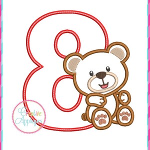 Boy Bear 8 Machine Embroidery Applique Design 4 SIZES, bear applique, teddy bear embroidery, eighth birthday, birthday bear applique