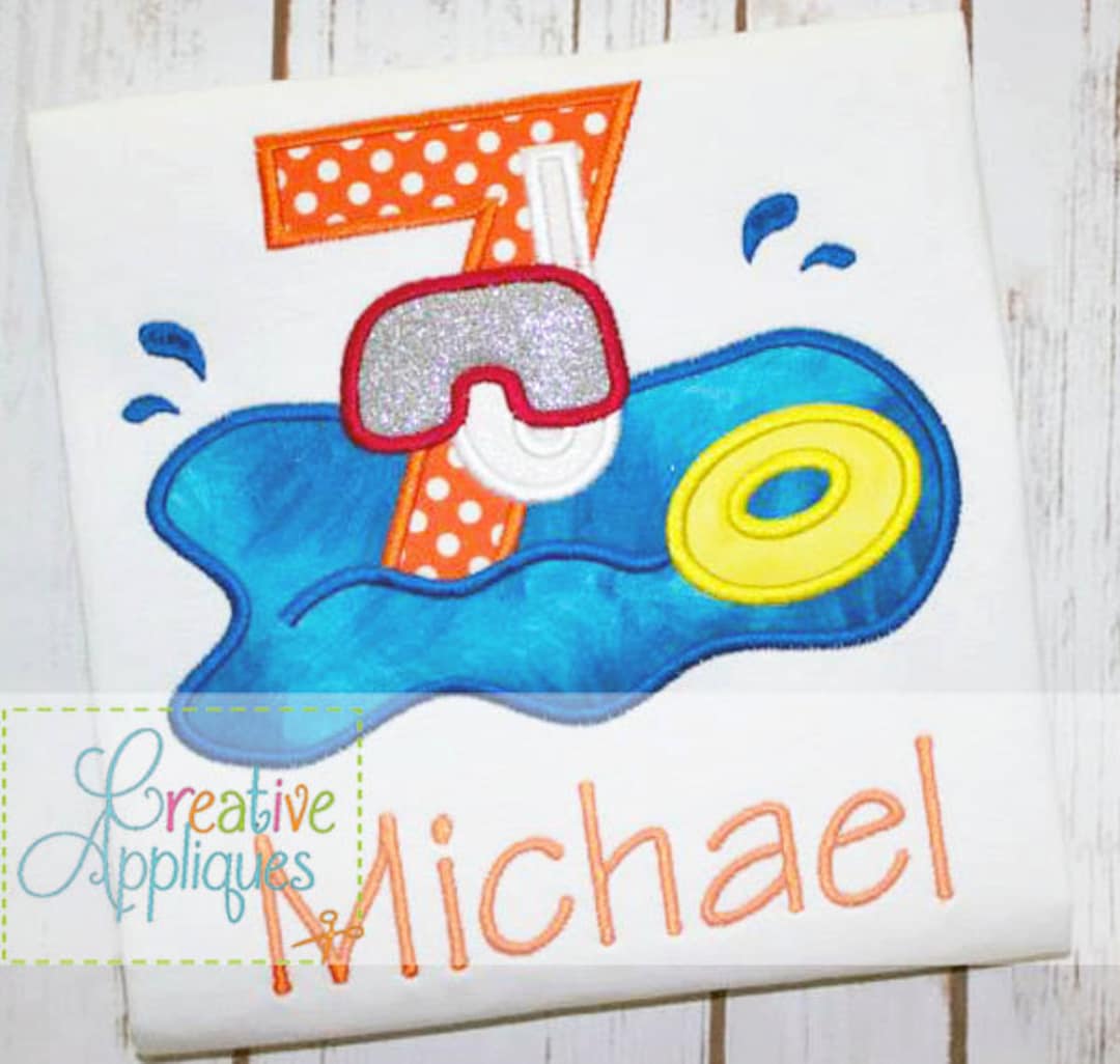 Swim Pool Party Number 7 Birthday Applique Digital Machine Embroidery ...