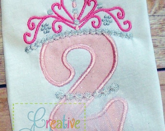 Princess Ballerina Tutu Crown Tiara Number 2 Two Second 2nd Digital Machine Embroidery Applique Design 4 Sizes, 2 crown applique