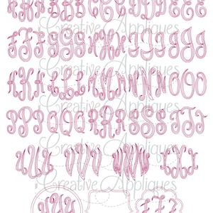 May include: A set of 26 uppercase letters in a cursive font, with a decorative flourish. The letters are pink and outlined in black. The letters are arranged in alphabetical order. There are also two frames, one round and one square, with the letters "YY" and "LL" inside them.