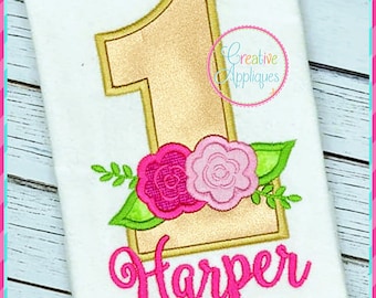 4 Sizes!  1 Flower Number Set, Applique Machine Embroidery Design, applique number, flower number 1, first birthday, first birthday