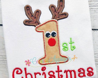 1st First Christmas Reindeer Digital Machine Embroidery Applique Design 3 Size, reindeer applique, 1st christmas, baby's