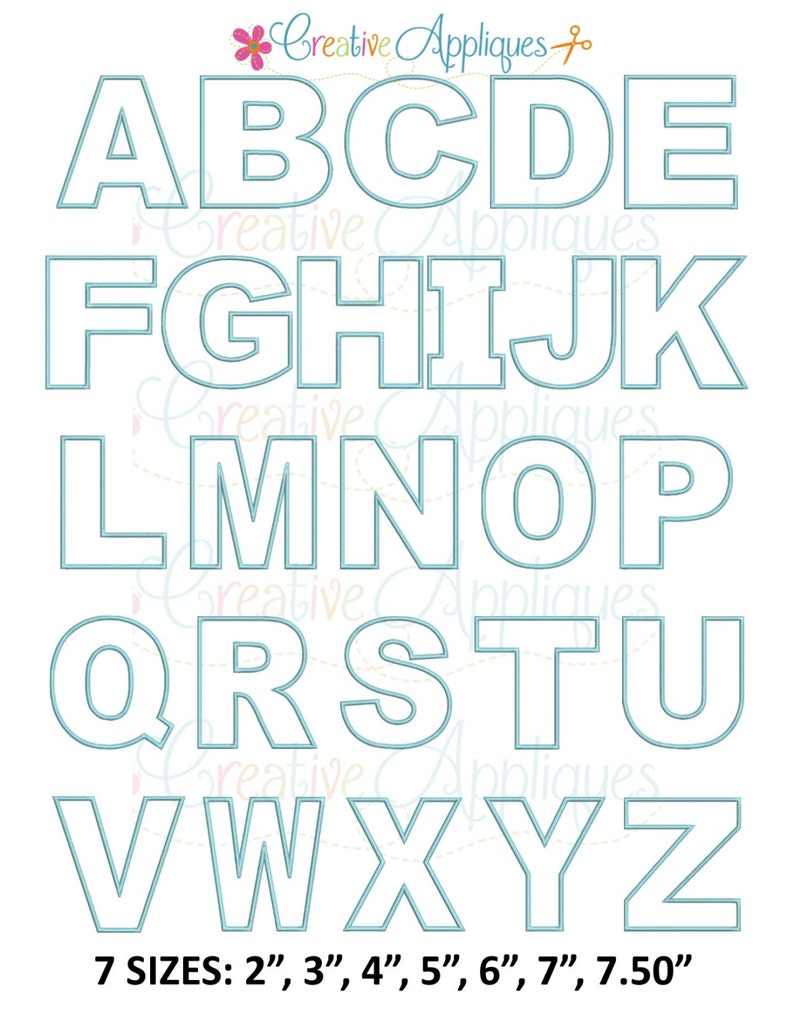 May include: A set of uppercase letters A through Z in a light blue outline with a white fill. The letters are arranged in three rows. The text "7 SIZES: 2", 3", 4", 5", 6", 7", 7.50" is at the bottom of the image.