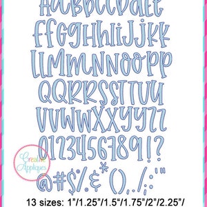 May include: A blue and white alphabet font with numbers and punctuation marks. The font is available in 13 sizes, ranging from 1 inch to 4 inches.